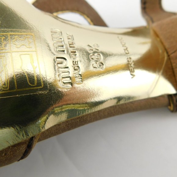 MIU MIU Crystal Gemstone Embellishment Brown T-strap Heel Pump Sandals 38.5 - Picture 9 of 9